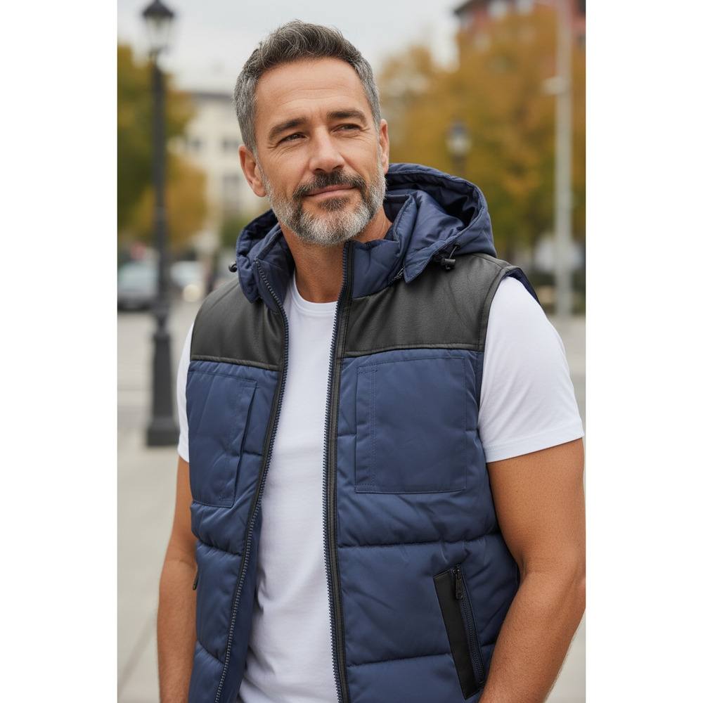 M919) V.I.P Collection Charcoal Black Detachable Hood Puffer Hooded Vest Large